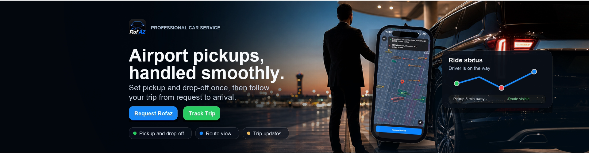Rofaz app showing an airport pickup with live ride status
